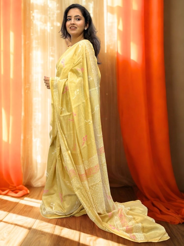Golden Blossom – Yellow Chanderi Silk Saree with Floral Block Print